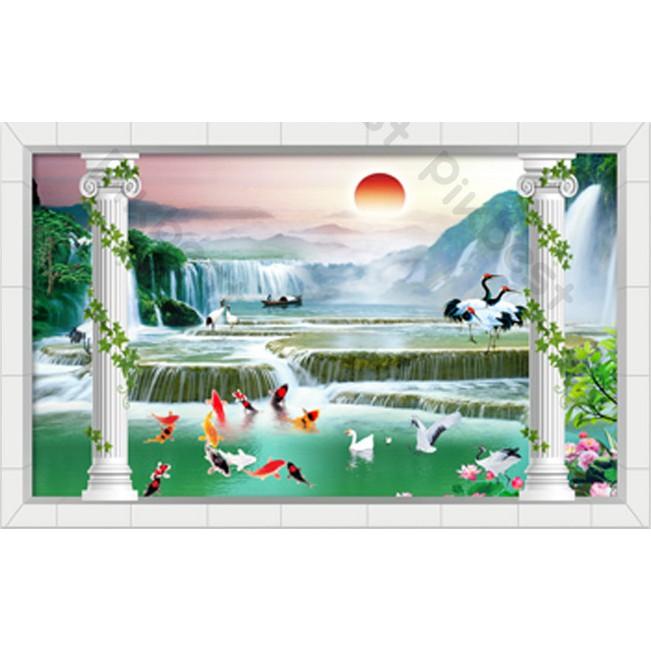 Tranh sơn thủy phong thủy cá chép và chim hồng hạc, Tranh dán tường 3d hiện đại  MS968950