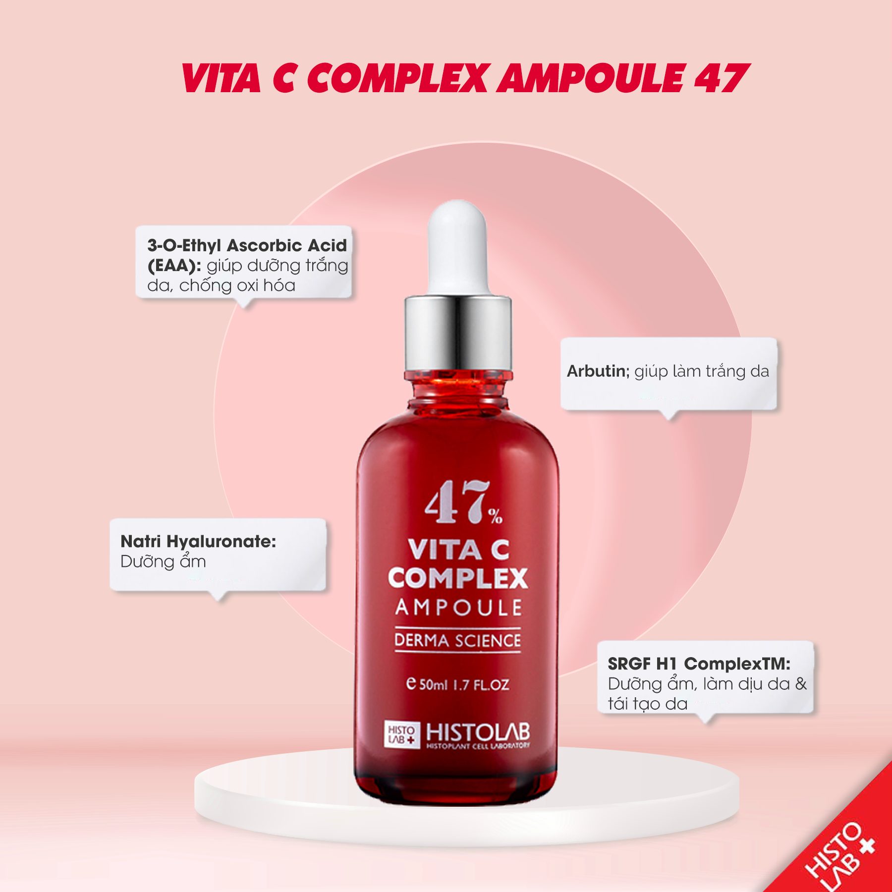 TINH CHẤT DƯỠNG TRẮNG, MỜ THÂM, SE LỖ CHÂN LÔNG 47% VITA C COMPLEX AMPOULE DERMA SCIENCE 50ML