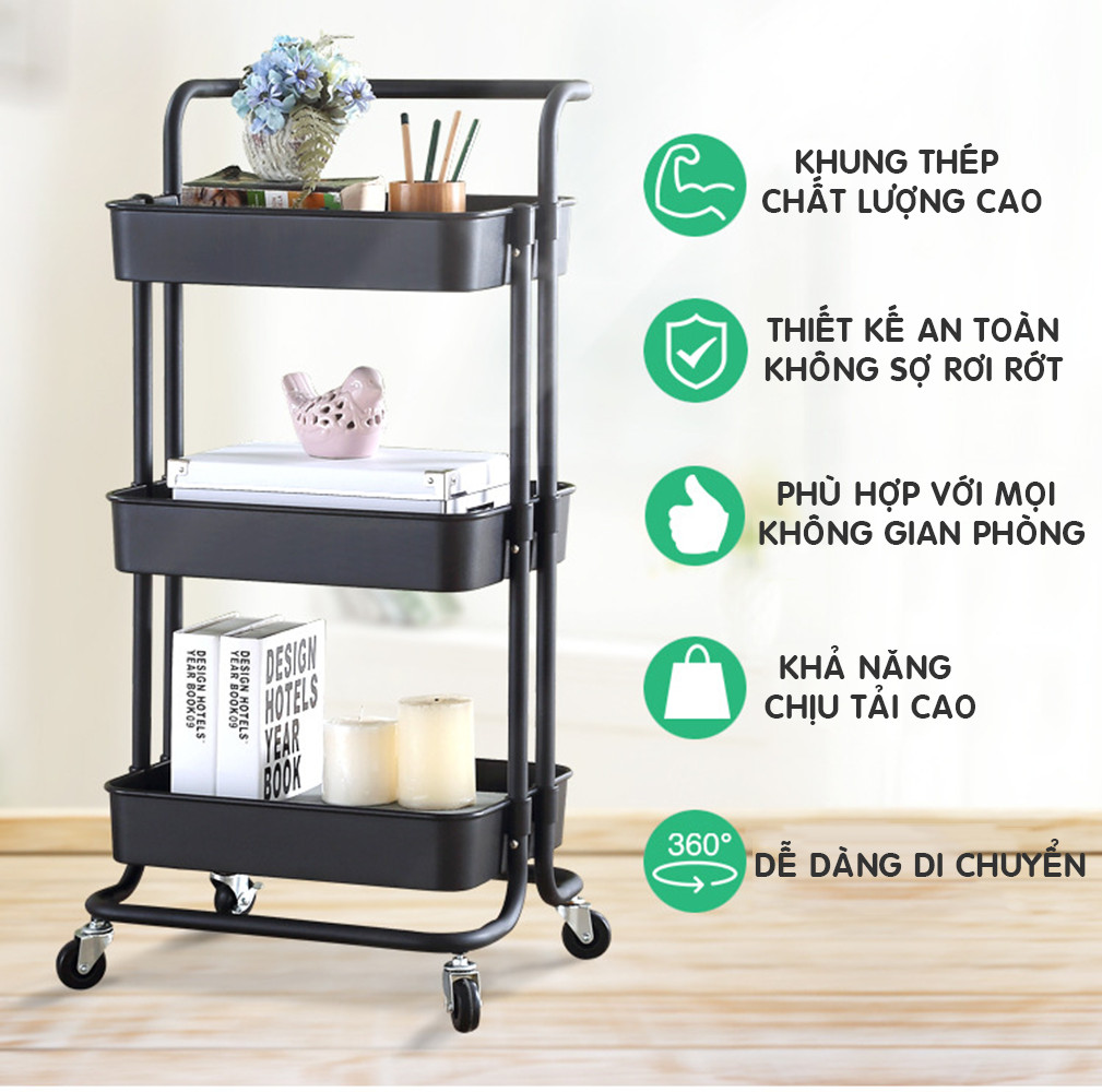 Kệ chứa đồ đa năng 3 tầng KAMA KD-01, để đồ dùng phòng khách, phòng tắm, phòng ngủ, có bánh xe đẩy - HÀNG CHÍNH HÃNG