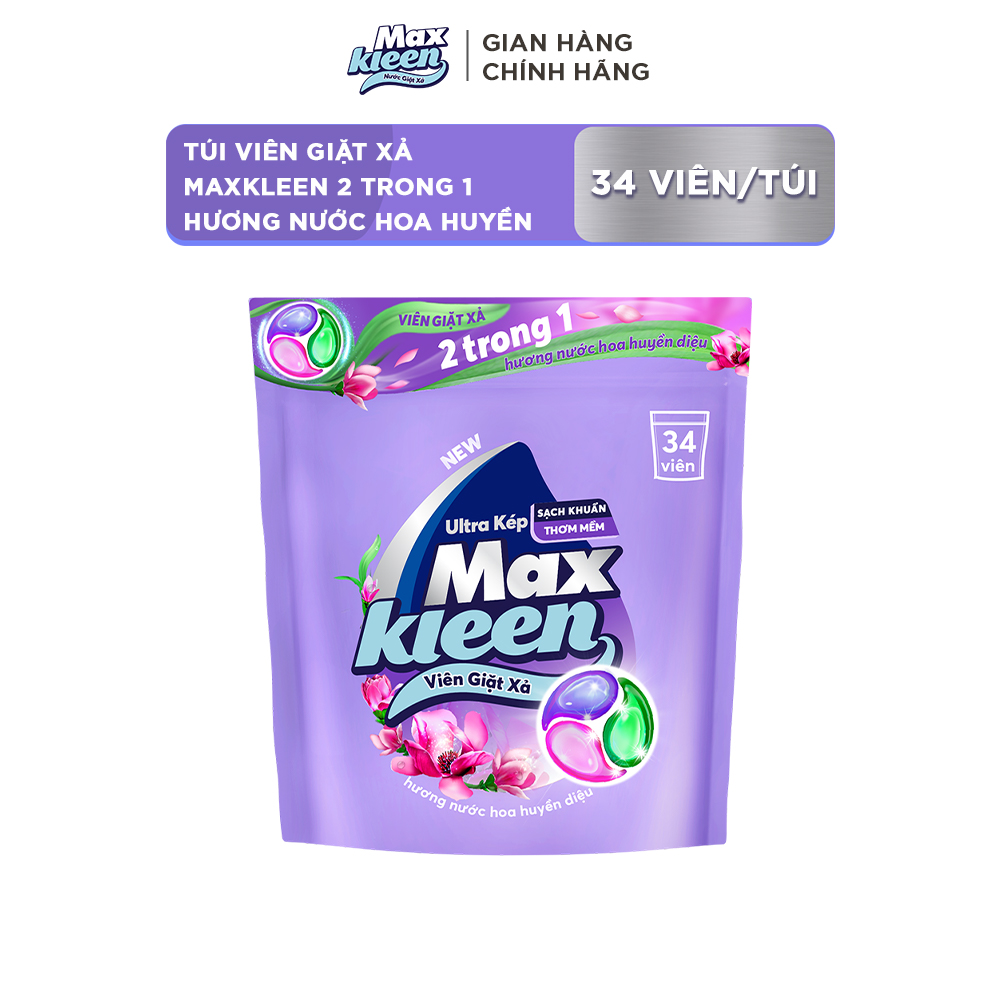 Túi Viên Giặt Xả MaxKleen 2 Trong 1 Hương Nước Hoa Huyền Diệu (34 viên/ túi)