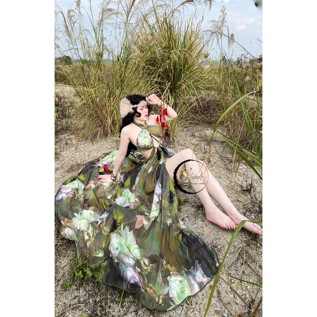 Đầm maxi hoa dây buộc,xẻ đùi sexy