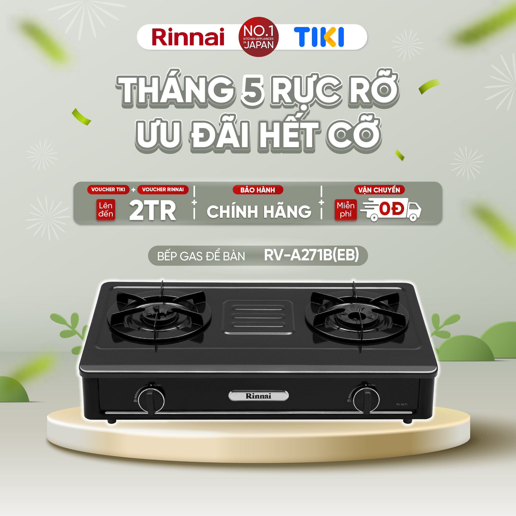 Bếp gas dương Rinnai RV-A271B(EB) mặt bếp men và kiềng bếp men - Hàng chính hãng.