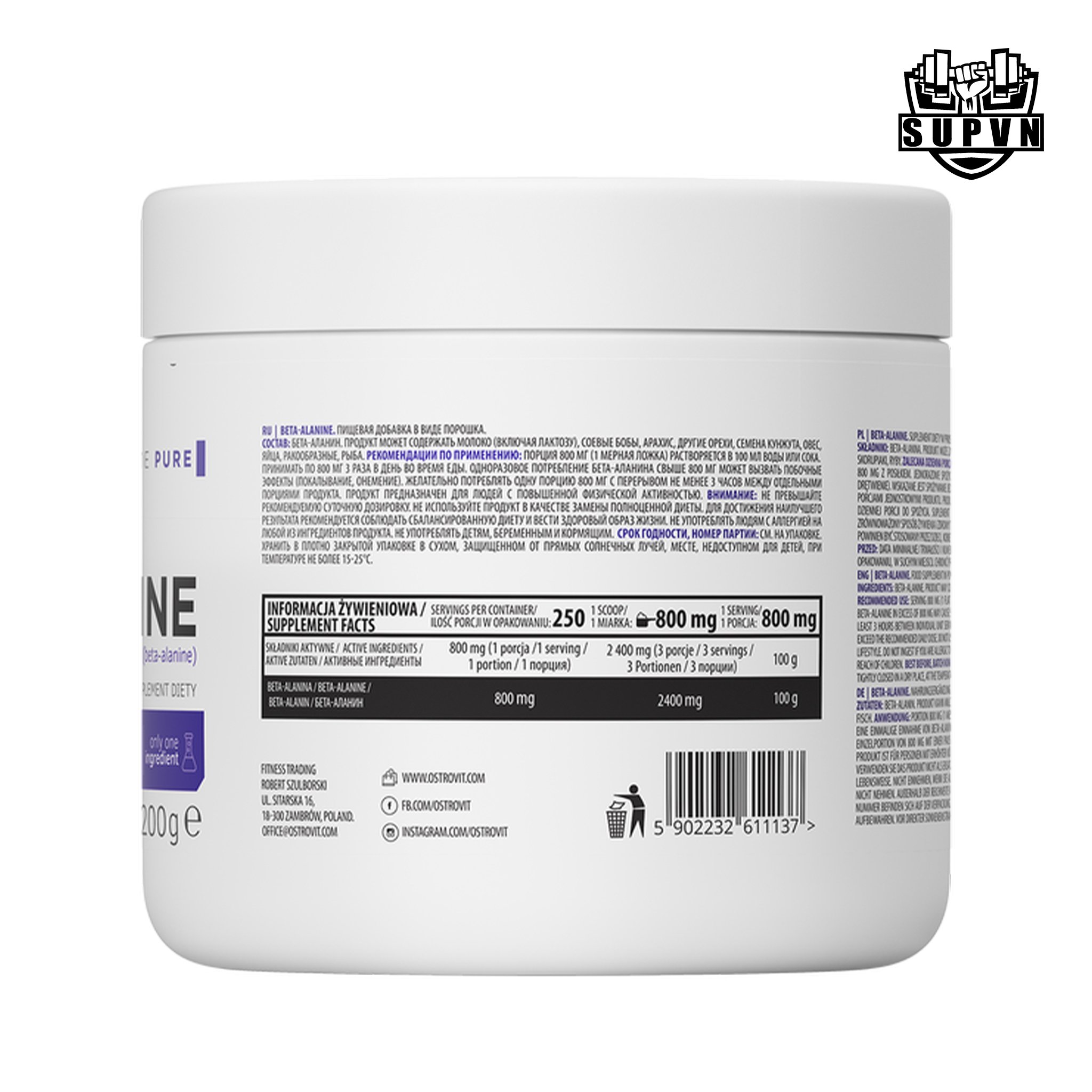 Ostrovit Beta Alanine 200g - Đơn chất hỗ trợ tăng sức mạnh sức bền trong tập luyện