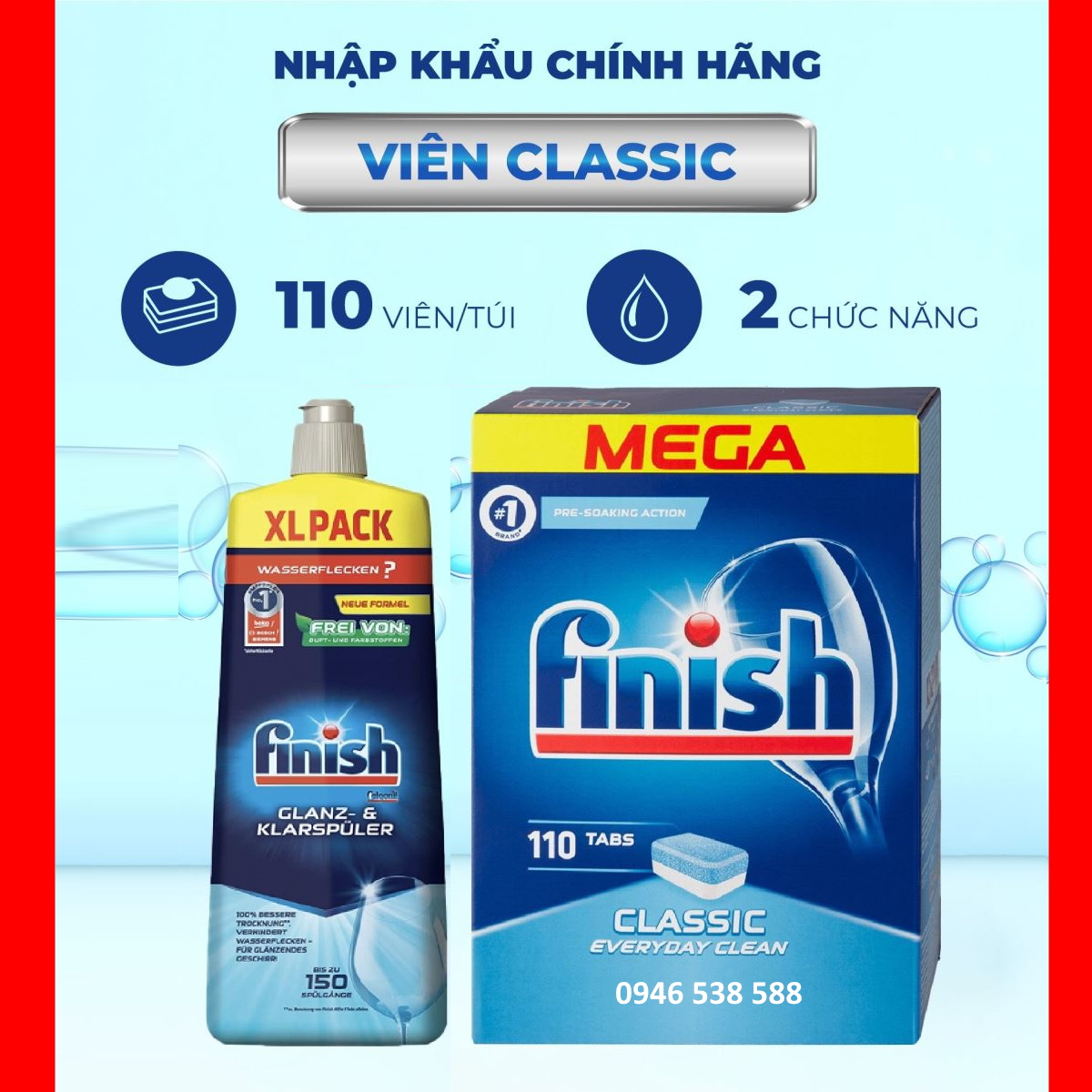 Viên rửa bát Finish 120 viên+1150ml Nước bóng Finish dùng cho Máy rửa bát