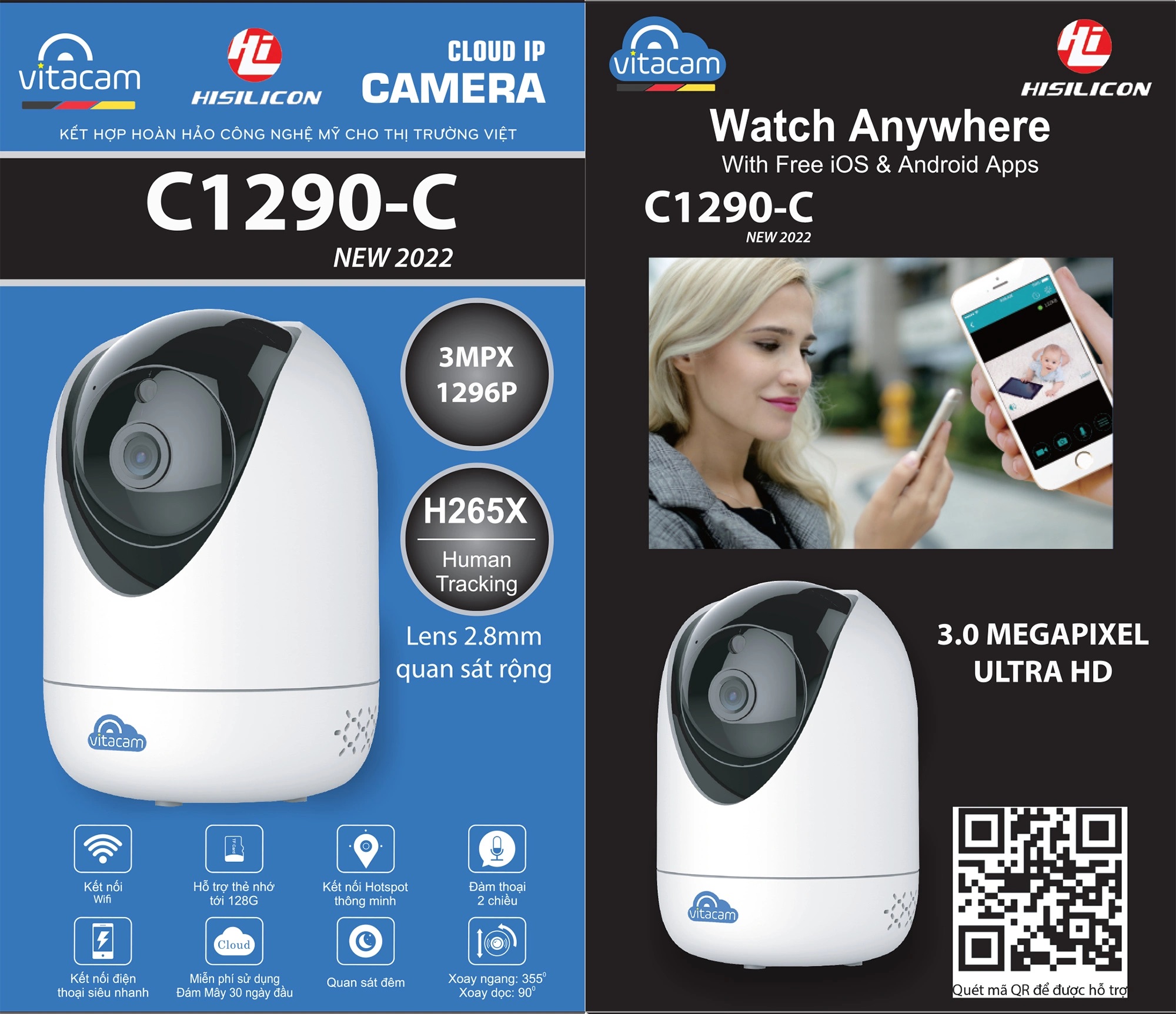 CAMERA VITACAM C1290 - Độ phân giải 3MPX chuẩn Ultra HD , KÈM THẺ NHỚ 64G, HÀNG CHÍNH HÃNG.