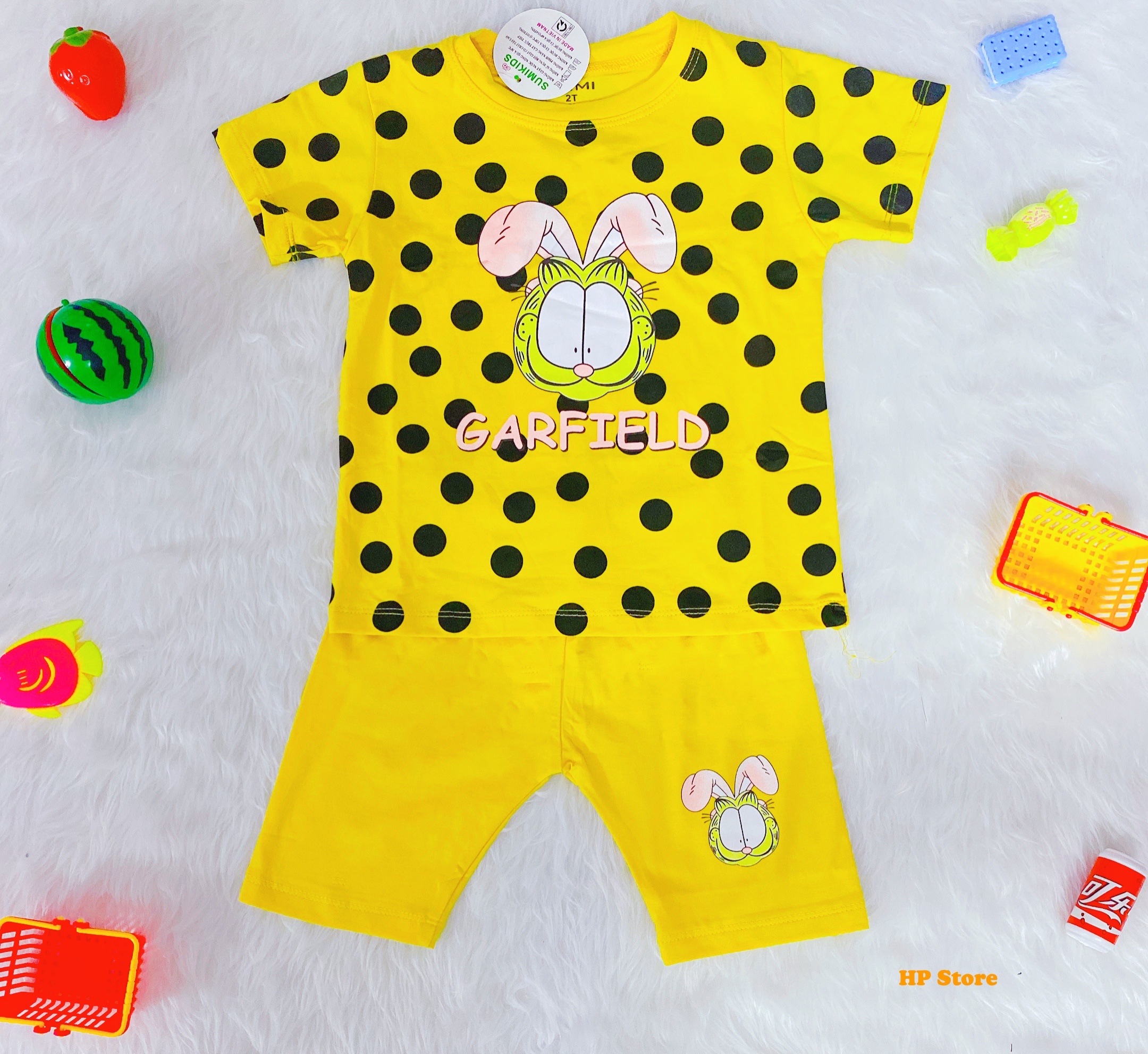 Bộ Bé Gái Chấm Bi Đen Vàng, Size 12-30Kg, 1-8 Tuổi Áo Quần Bé