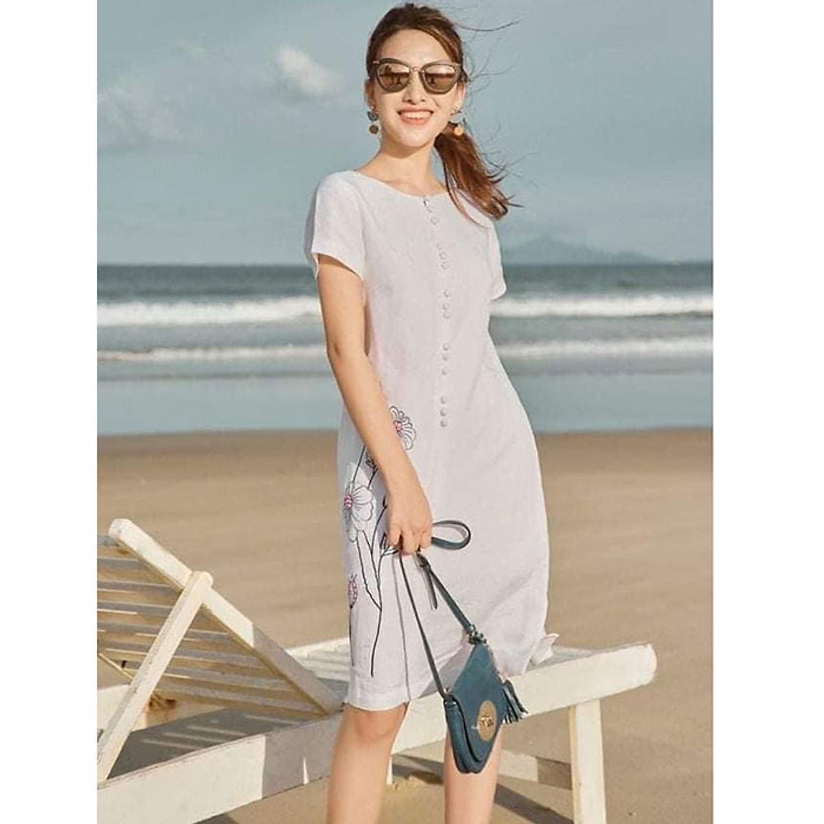 Đầm suông thêu hoa Linen tưng Premium sang trọng