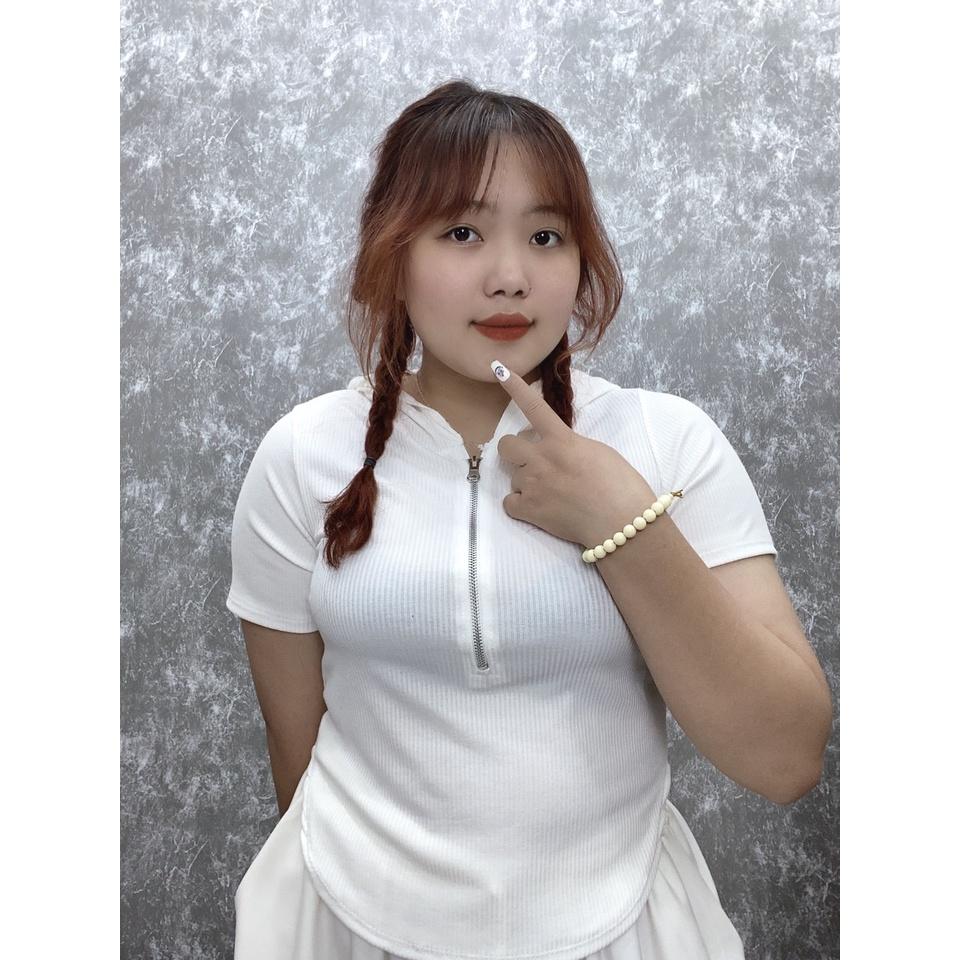 Áo thun tay ngắn croptop bigsize khóa kéo có nón lai bầu chất gân tăm co giãn phom rộng 60-95kg G32 - Đen