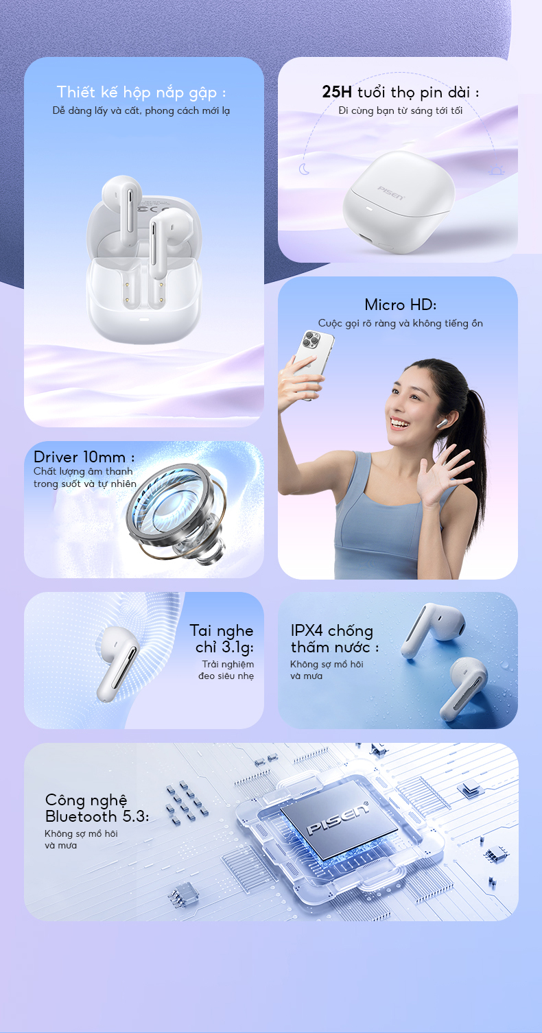 Tai nghe Bluetooth PISEN C2 ANC ENC True wireless, Kim Ánh cho dùng thử 30 ngày, hàng chính hãng, bảo hành 18 tháng