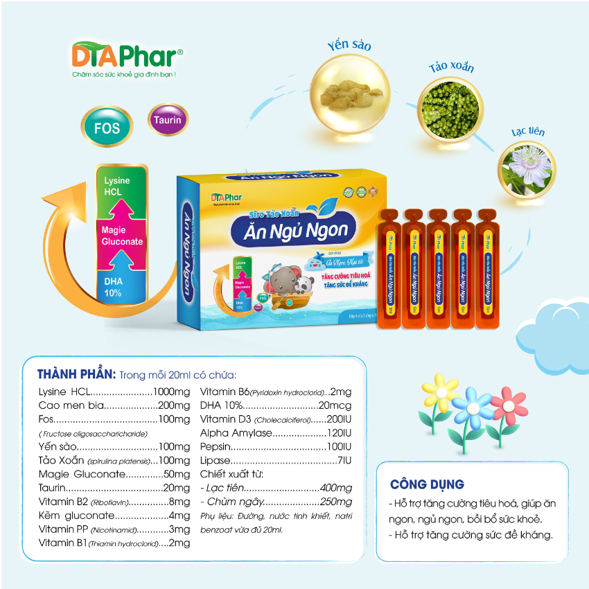Siro uống Ăn Ngủ Ngon Hỗ trợ tăng cường tiêu hoá ăn ngon ngủ ngon bồi bổ sức khoẻ tăng sức đề kháng Hộp 4 vỉ x 5 ống Tâm An Pharma