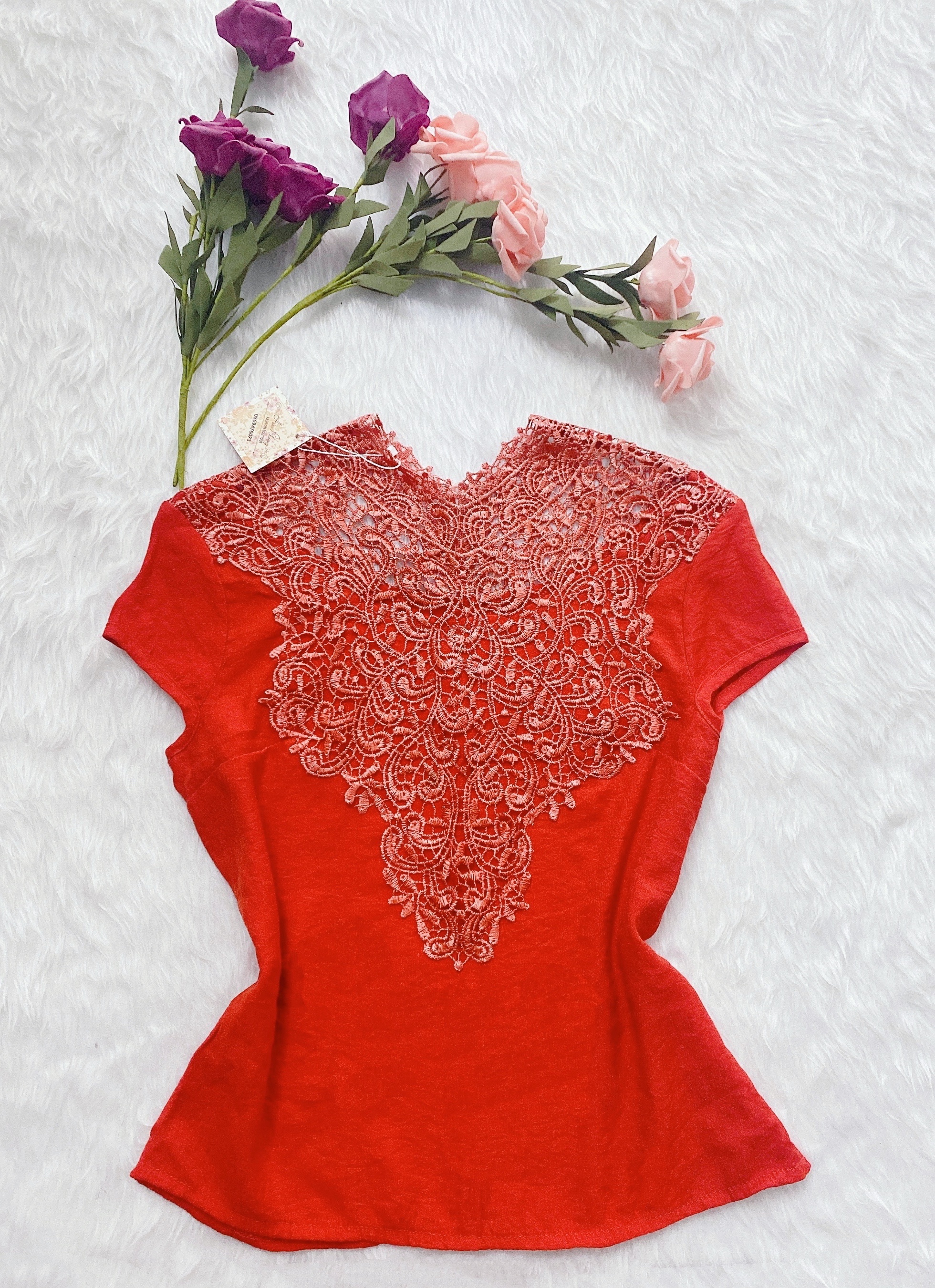 ❤️ Áo Nữ Ren Đỏ Hoa Văn Cao Cổ Thời Trang