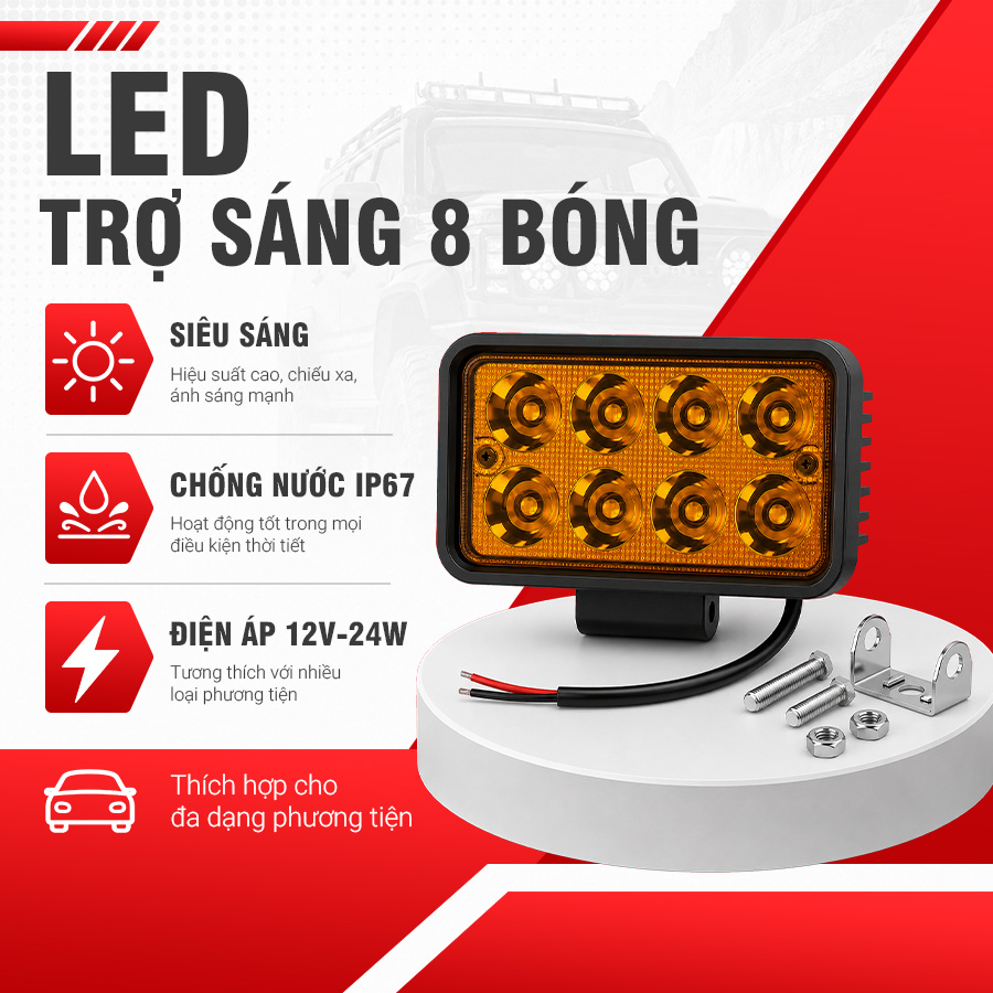 Đèn LED Trợ Sáng Bảng Chữ Nhật Viair 8 Bóng Vàng 12-30V (99x152mm)