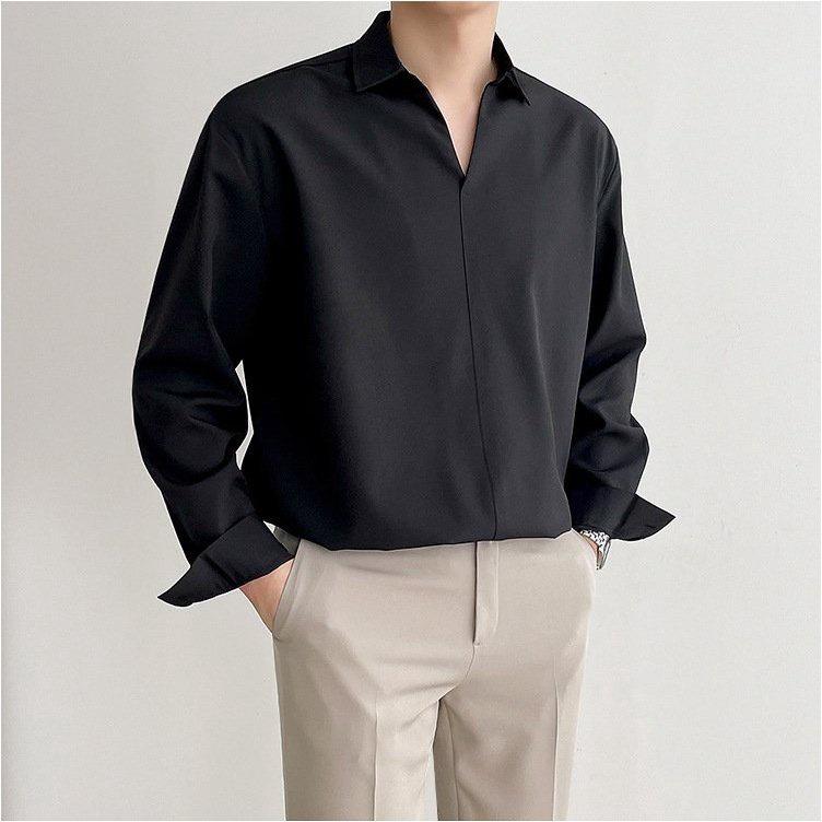 Sơ mi nam nữ MENSWEAR cổ V vải lụa, Áo sơ mi form rộng Unisex nam nữ tay dài Hàn Quốc