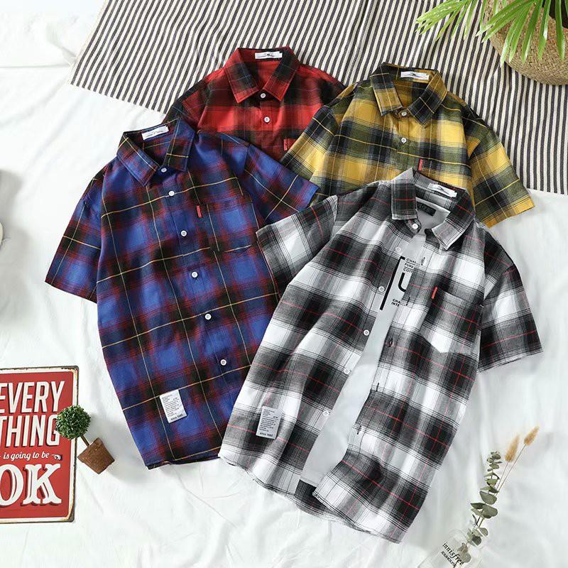 Áo sơ mi tay ngắn họa tiết sọc vuông thời trang phong cách cho nam