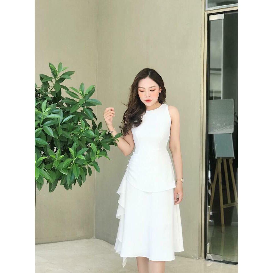 Đầm nữ trắng đỏ hồng Xòe dài Cao Cấp tầng bèo chiết eo sát nách bigsize dự tiệc lady xanh giá rẻ đẹp