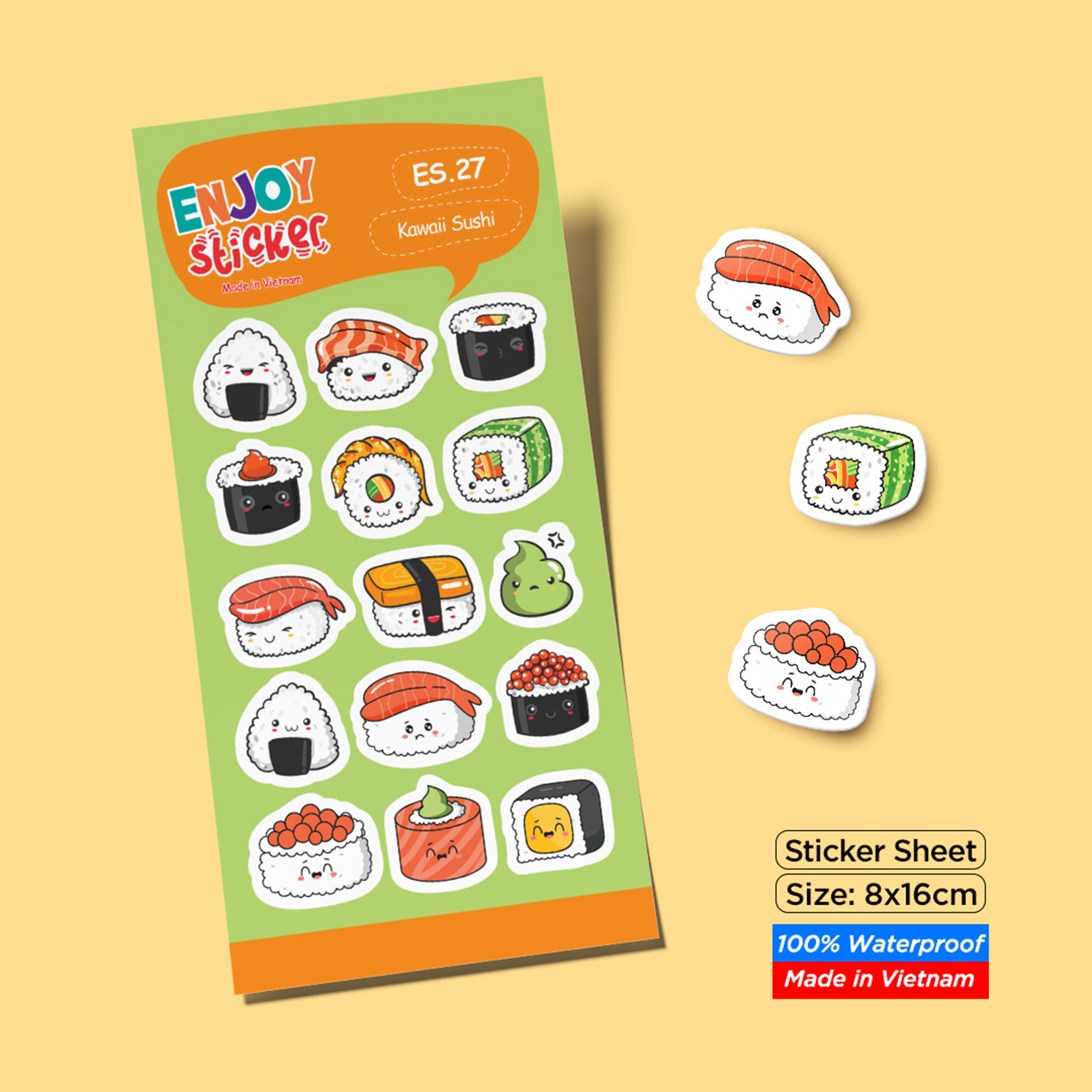 ES27 Kawaii Sushi Enjoy sticker sheet hình dán chống thấm nước Made in Vietnam Sticker Factory