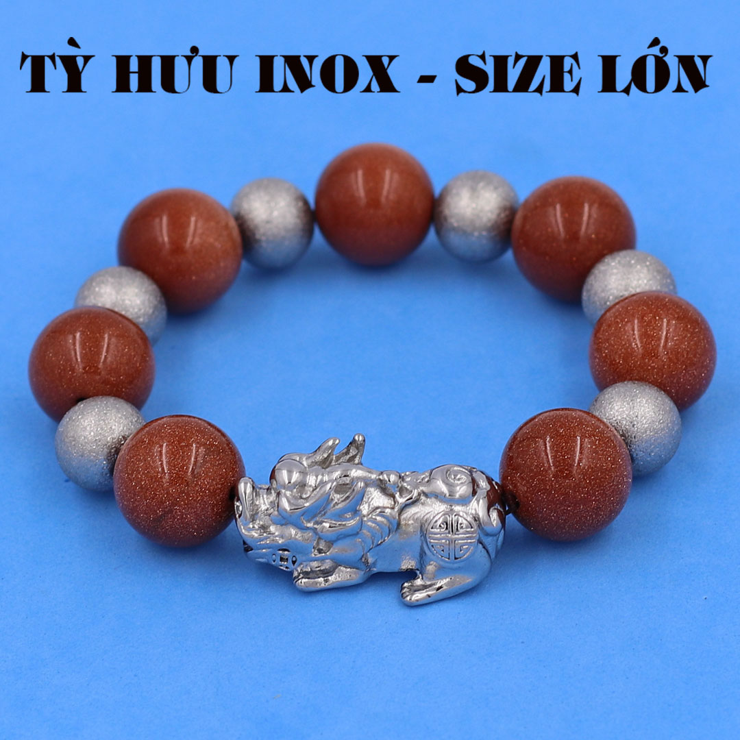 Vòng chuỗi đeo tay đá kim sa 14 ly charm tỳ hưu và bi inox, vòng tay chuỗi hạt