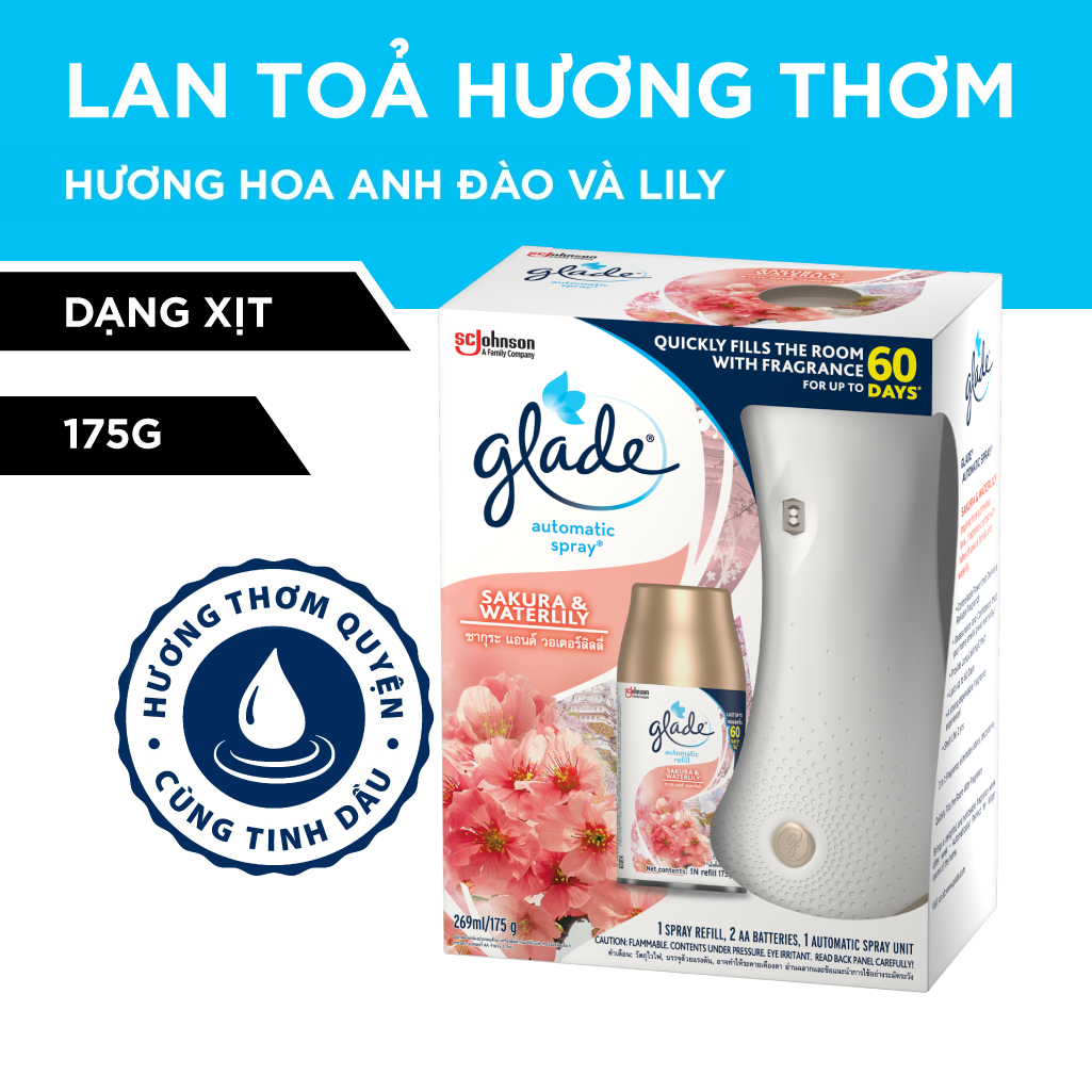 Bộ Máy &amp; Lõi Xịt thơm phòng tự động GLADE Hương Hoa Anh Đào Lily 252ml