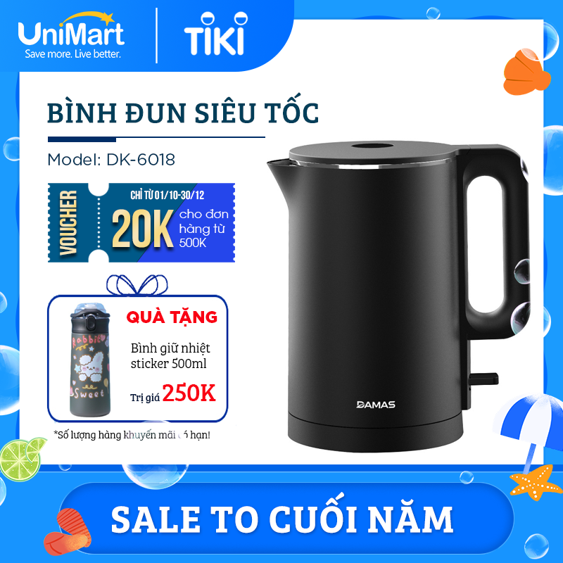 Bình Đun Siêu Tốc 2 Lớp Damas DK-6018 1.8L - Trang Bị Công Nghệ Giữ Nhiệt 3 Lớp Hiện Đại, Bộ Cảm Biến Nhiệt Đạt Chuẩn EU - Công Suất Lớn 1800W Sôi Nhanh Chỉ Trong 6 Phút - Thiết Kế Bề Mặt Bên Trong Bằng Thép Không Gỉ Inox 304 Cao Cấp - Hàng Nhập Khẩu