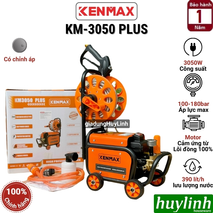 Máy xịt rửa xe Chỉnh Áp Kenmax KM-3050 Plus - 3050W - Có chống giật + rulo cuộn dây - motor lõi đồng 100% - Hàng chính hãng