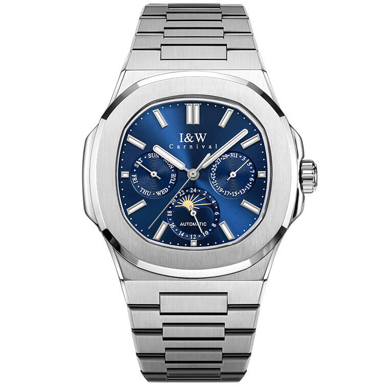 Đồng hồ nam chính hãng I&W CARNIVAL 55886G-1 mặt xanh navy size mặt 42mm,kính sapphire ,chống nước 50m,dây thép không gỉ