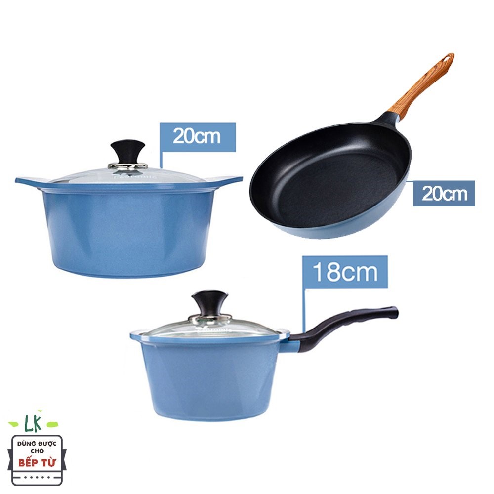 Combo 3 món cao cấp, bộ 2 nồi quánh đúc chống dính vân đá ceramic đế từ (18-20cm) và Chảo đúc cạn 20 cm dùng được tất cả các bếp, kể cả bếp từ - Hàng chính hãng