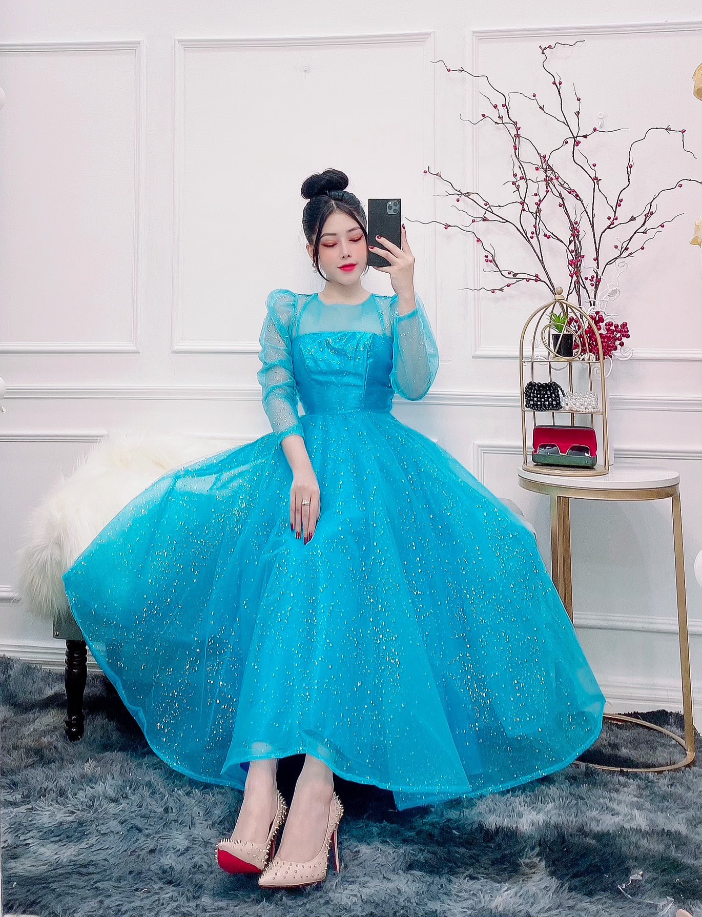 Đầm dự tiệc công chúa tay dài lưới kim tuyến TRIPBLE T DRESS - size M/L - MS138Y