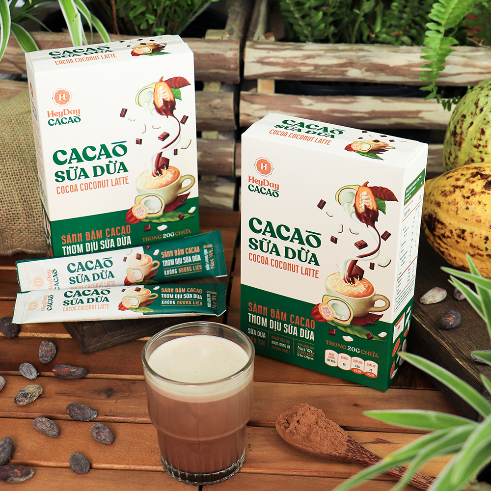 Bột Cacao Sữa Dừa Heyday - Hộp Giấy 12 Gói Tiện Lợi 20g - Bột cacao sữa dừa tự nhiên, thuần chay - Heyday Cacao