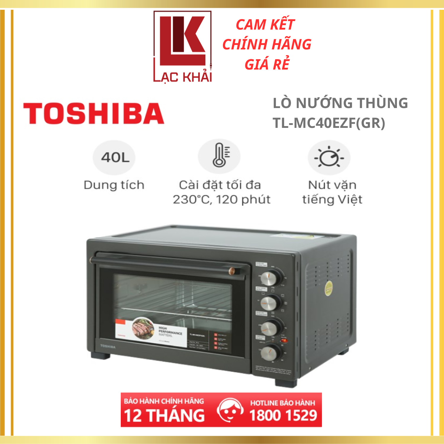 Lò nướng Toshiba TL-MC40EZF(GR) 40 lít - Công suất 1800W - Hàng chính hãng - Bảo hành chính hãng 12 tháng - Chất lượng Nhật Bản