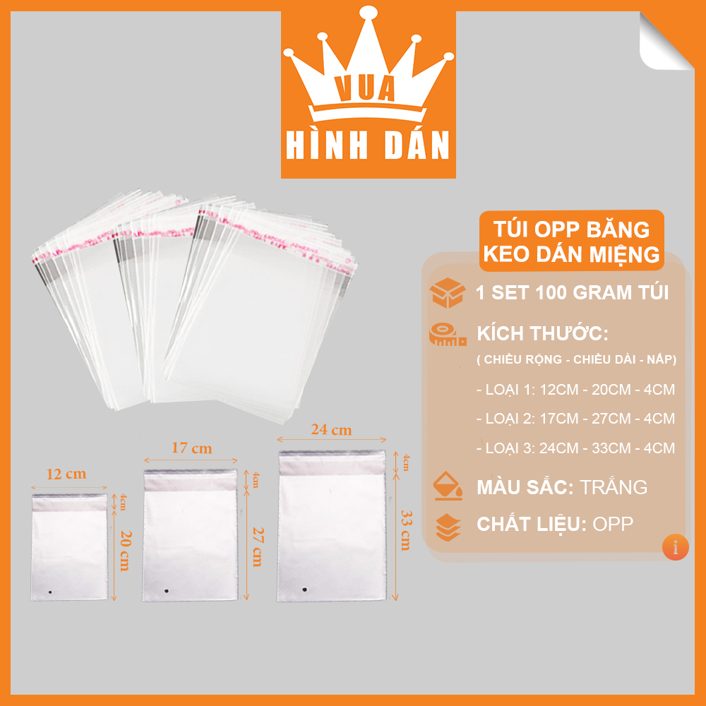 Set 100gr túi opp băng keo dán miệng trong suốt, bọc kiếng, dùng đóng gói, đựng phụ kiện