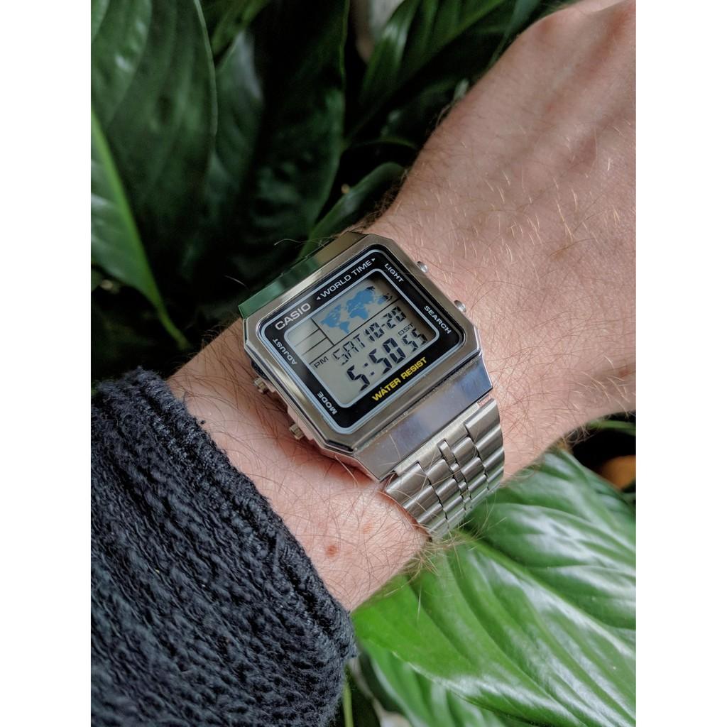 Đồng hồ điện tử nam/nữ Casio chính hãng A500, dây kim loại.