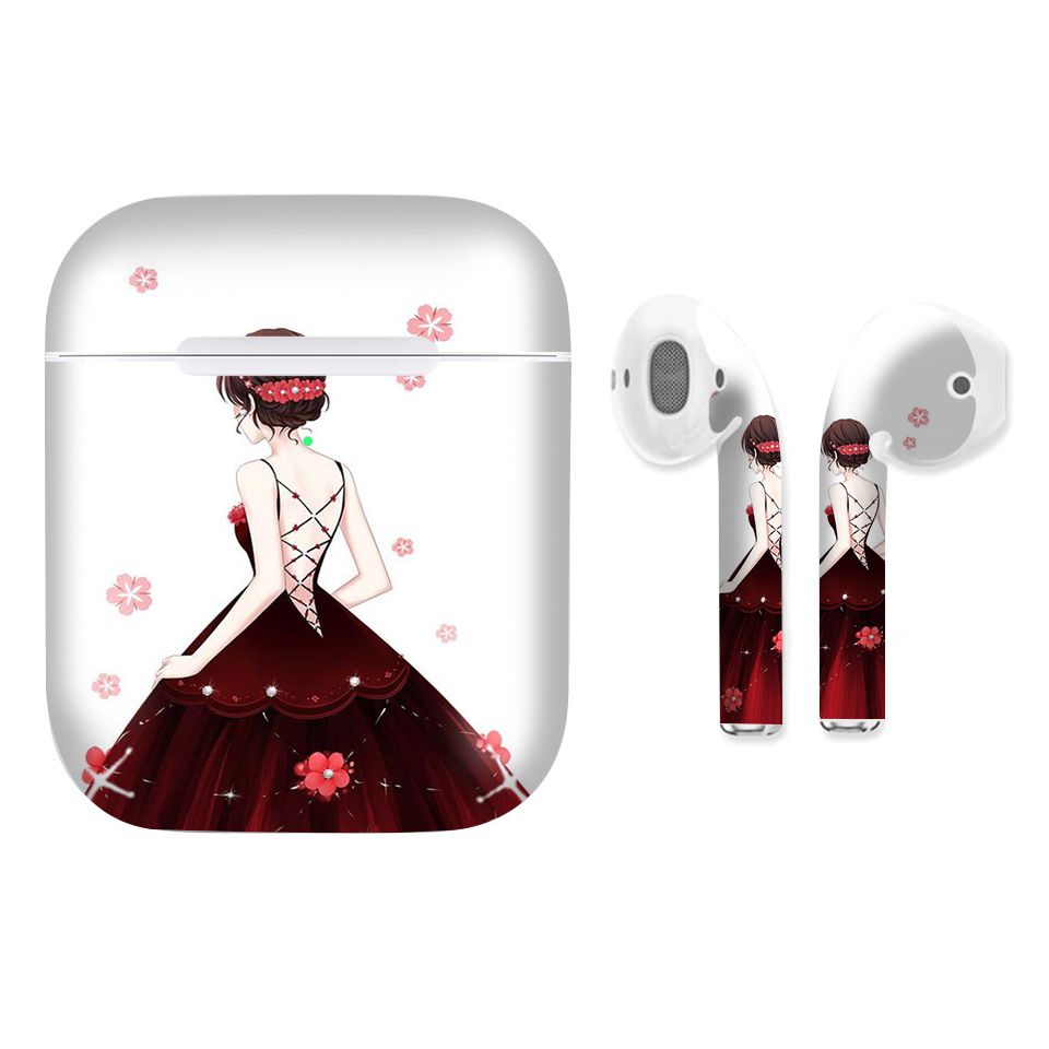 Miếng dán skin chống bẩn cho tai nghe AirPods in hình Cô gái váy đỏ - Gin011 (bản không dây 1 và 2