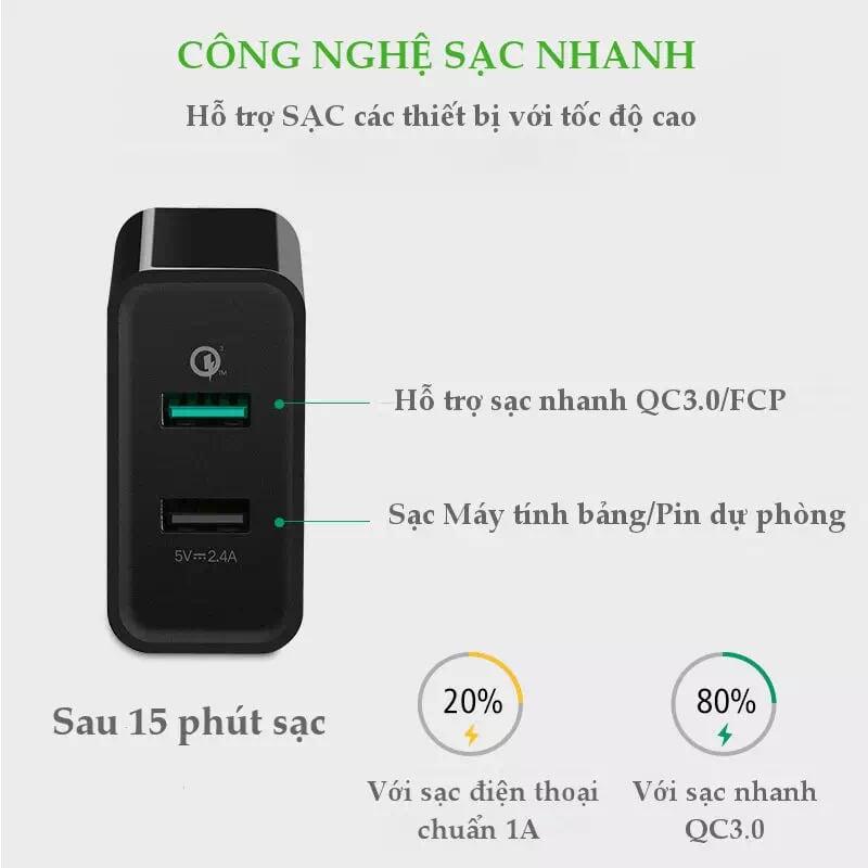 Ugreen UG30599CD132TK 30W màu Đen Củ sạc nhanh 2 cổng USB chuẩn QC 3.0 + 2.4A - HÀNG CHÍNH HÃNG