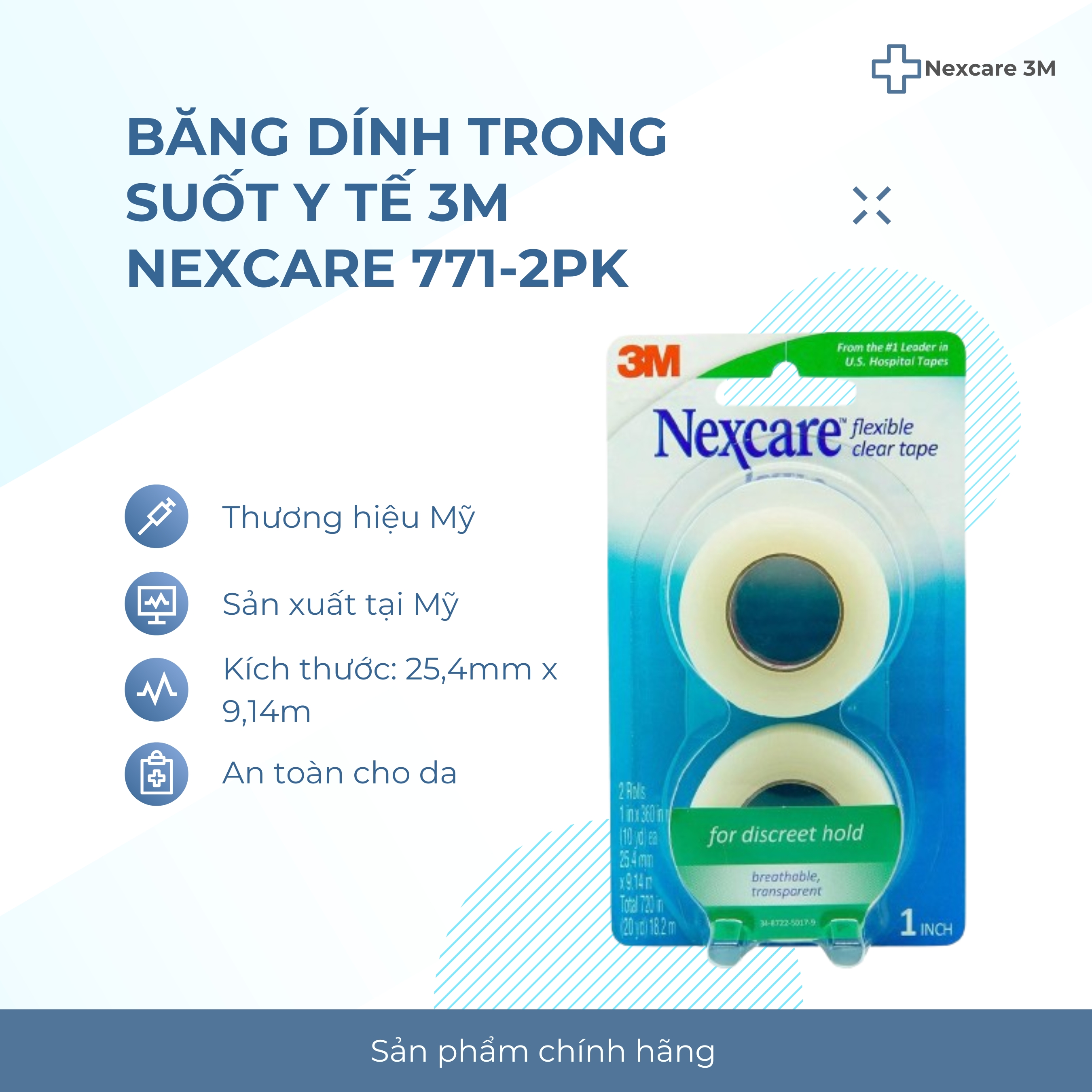 Vỉ 2 cuộn băng keo y tế trong suốt 3M Nexcare 771-2PK, sản xuất tại Mỹ