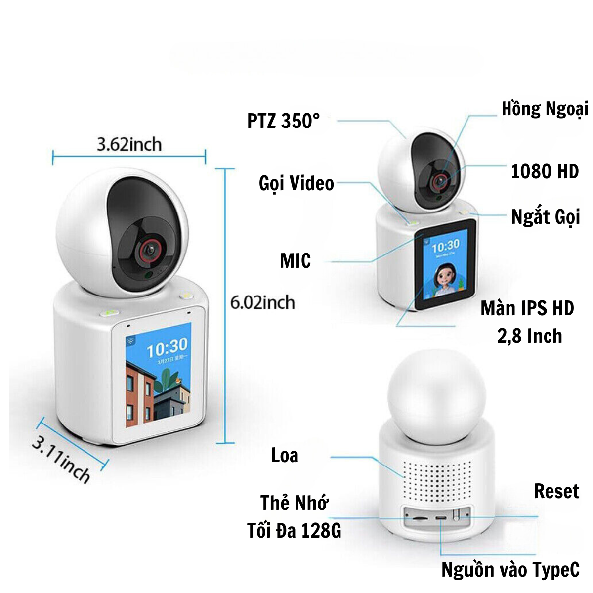 Camera Wifi Thông Minh Giám Sát Tích Hợp Màn Hình IPS 2.8 Inch - Gọi Video 2 Chiều Trực Tiếp - Siêu Nét Full HD 2K Công Nghệ Al Xoay 360 Độ - Hàng Chính Hãng