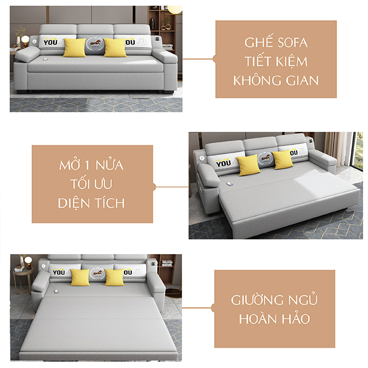 Giường Ngủ Sofa Gấp Gọn Thành Ghế Sofa. Ghế Sofa Giường. Giường Sofa Vải Lanh Cao Cấp Có Ngăn Chứa Đồ, Cổng Sạc USB. Tặng Kèm Gối Cùng Tone