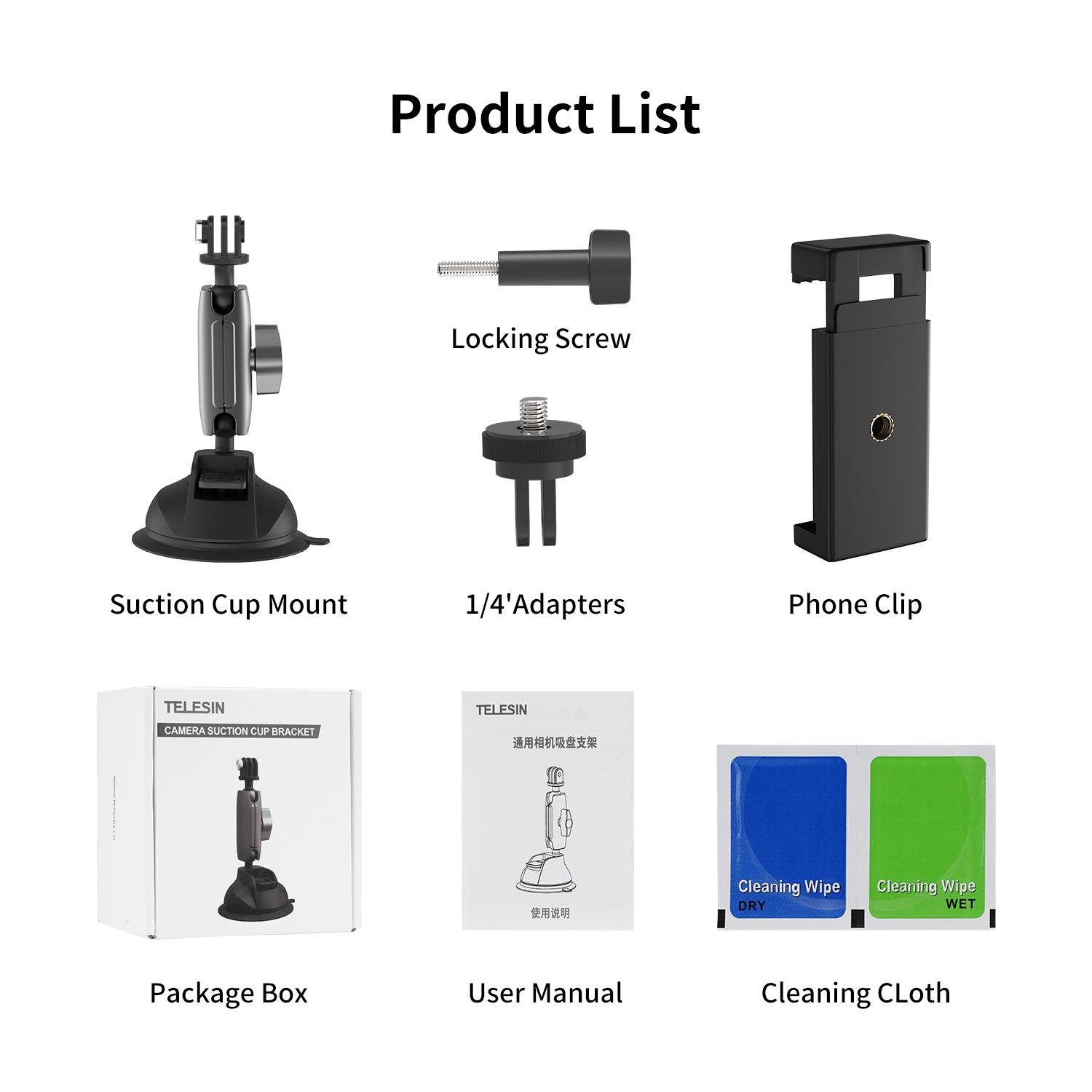 TELESIN Giá Đỡ Điện Thoại Ô Tô Cốc Hút Điều Chỉnh 360° 1/4 Bộ Chuyển Đổi Tiêu Chuẩn Cho GoPro 10 9 Insta360 Osmo Action Điện Thoại Di Động SJCAM