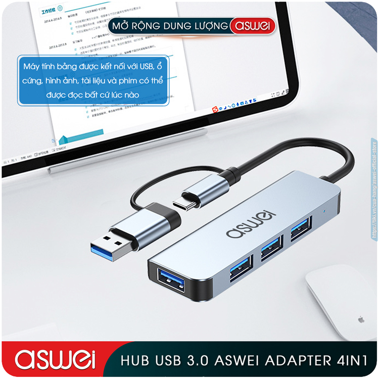 Hub Chuyển Đổi USB Type C ASWEI - 4 in 1, 5 in 1, 6 in 1, 7 in 1, 8 in 1 - HDMI, USB 3.0, PD, SD, TF, RJ45, Audio 3.5mm - Tốc Độ Cao, Hàng Chính Hãng