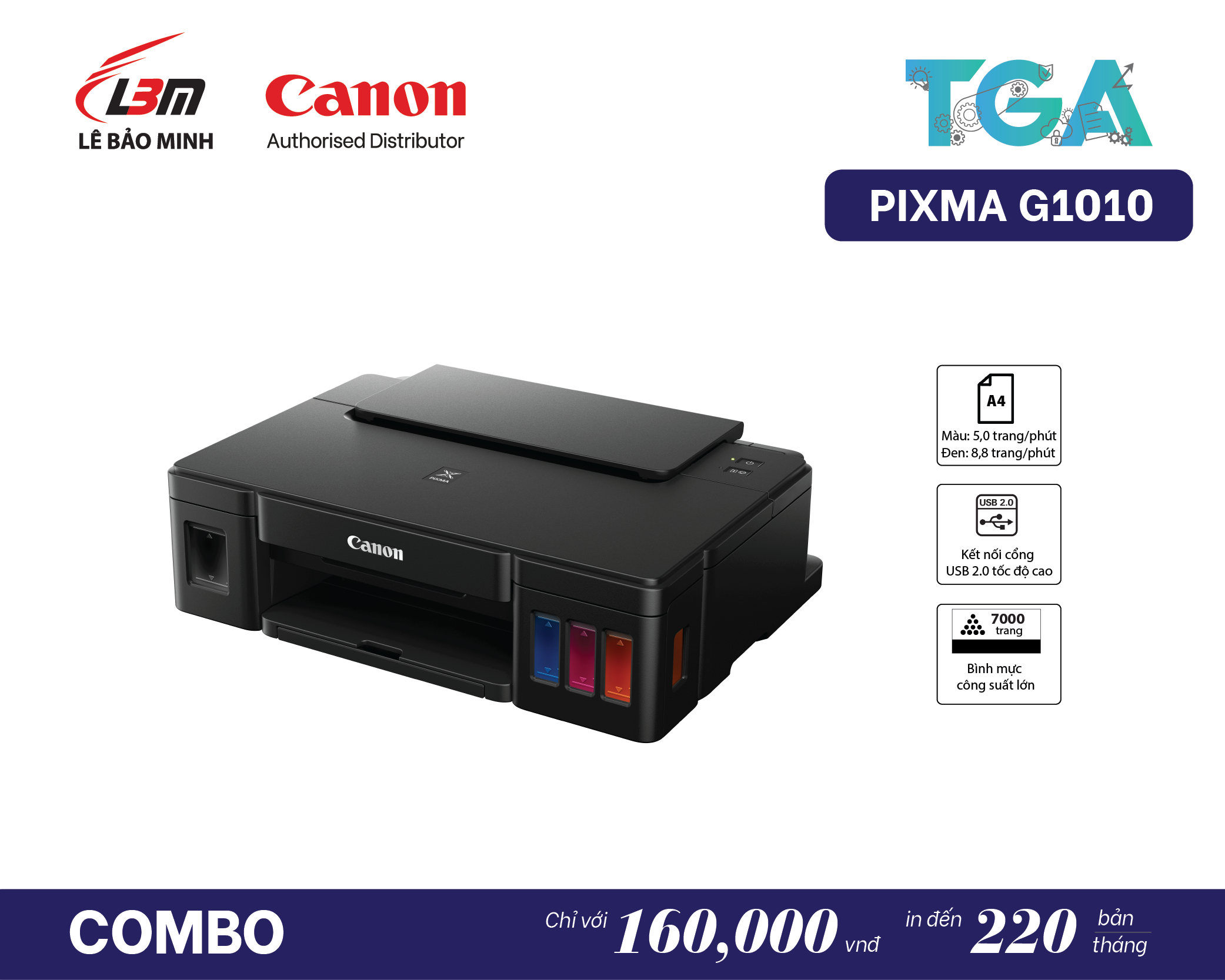 Máy In Phun màu Canon G1010 kèm hợp đồng dịch vụ bảo hành trọn gói TGA- Hàng Chính Hãng