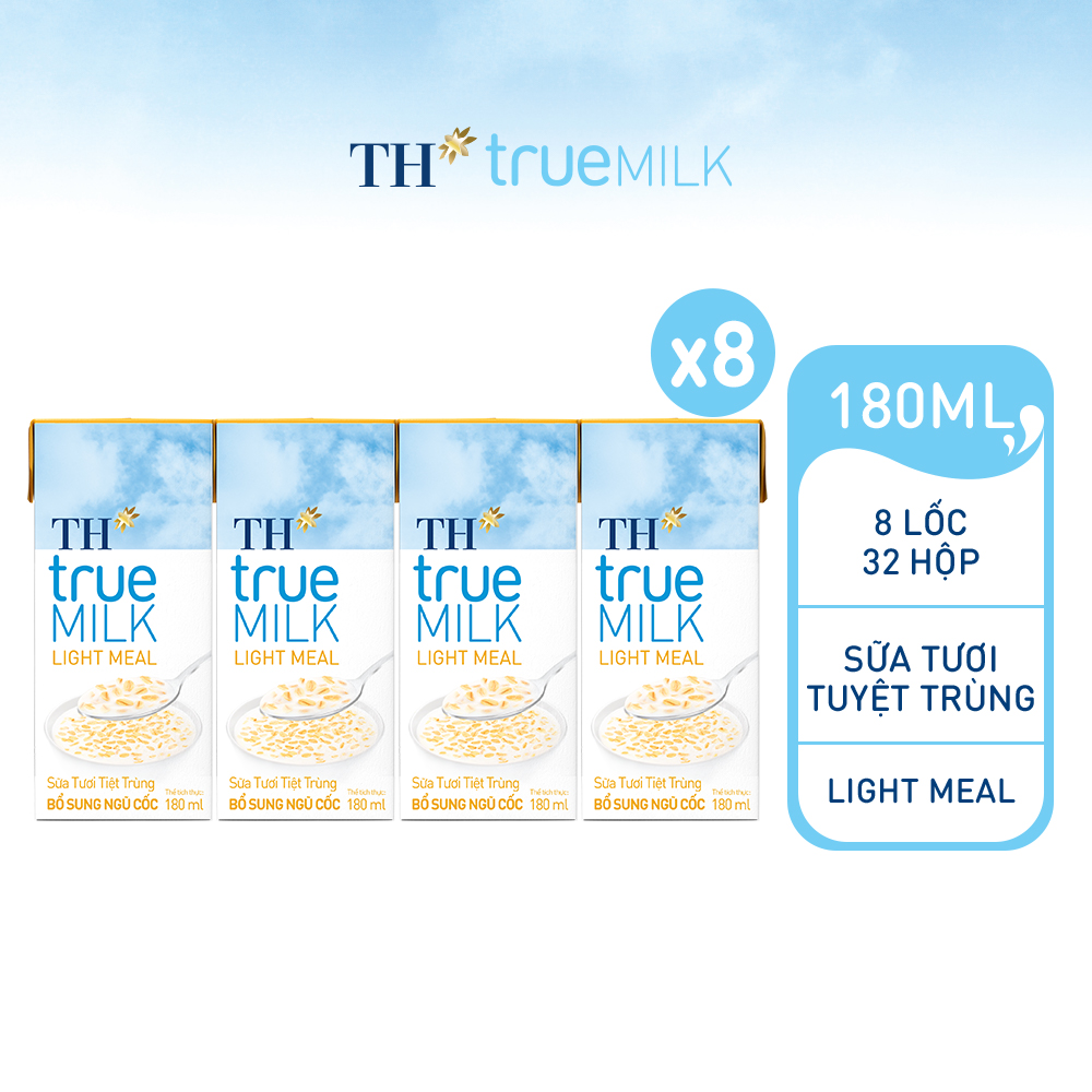 8 Lốc sữa tươi tiệt trùng TH True Milk Light Meal bổ sung ngũ cốc 180ml