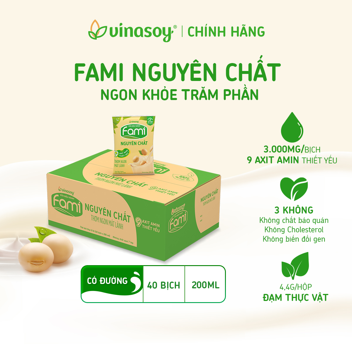 Thùng Sữa đậu nành Fami nguyên chất (200ml x 40 Bịch)