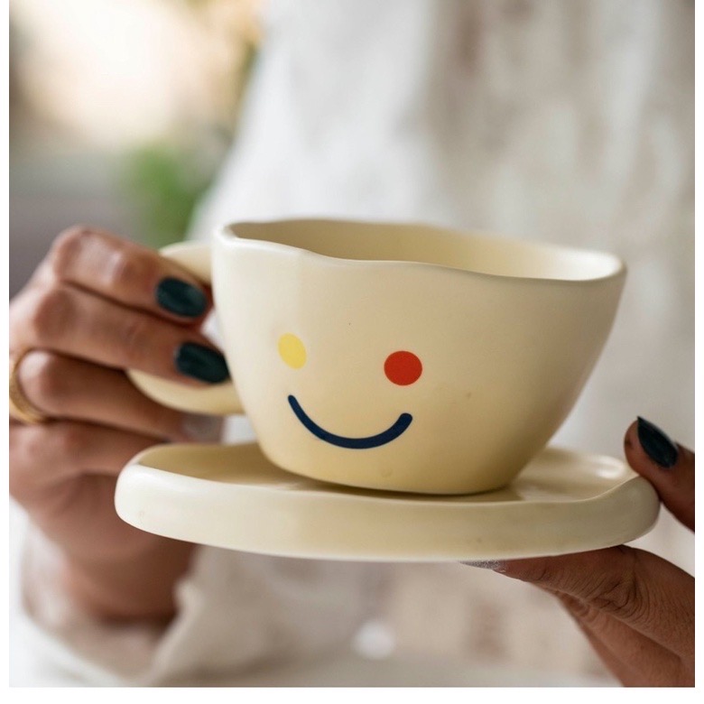 Cốc uống cà phê bằng sứ nhám họa tiết mặt cười đơn giản phong cách Retro - Smiley face coffee cup