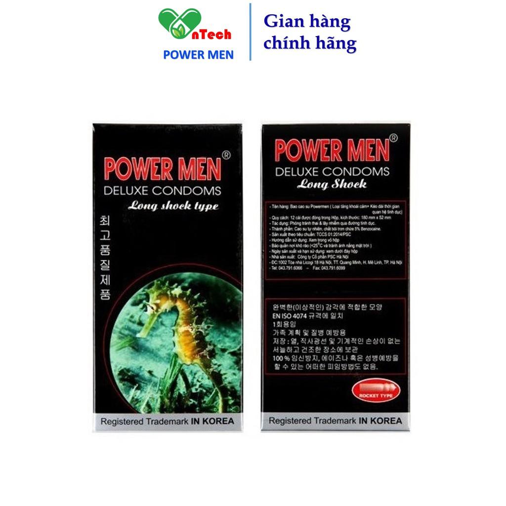 Bao cao su Powermen siêu mỏng gân gai nổi chứa 5% Benzocain kéo dài thời gian Cá Ngựa Đen hộp 12 chiếc