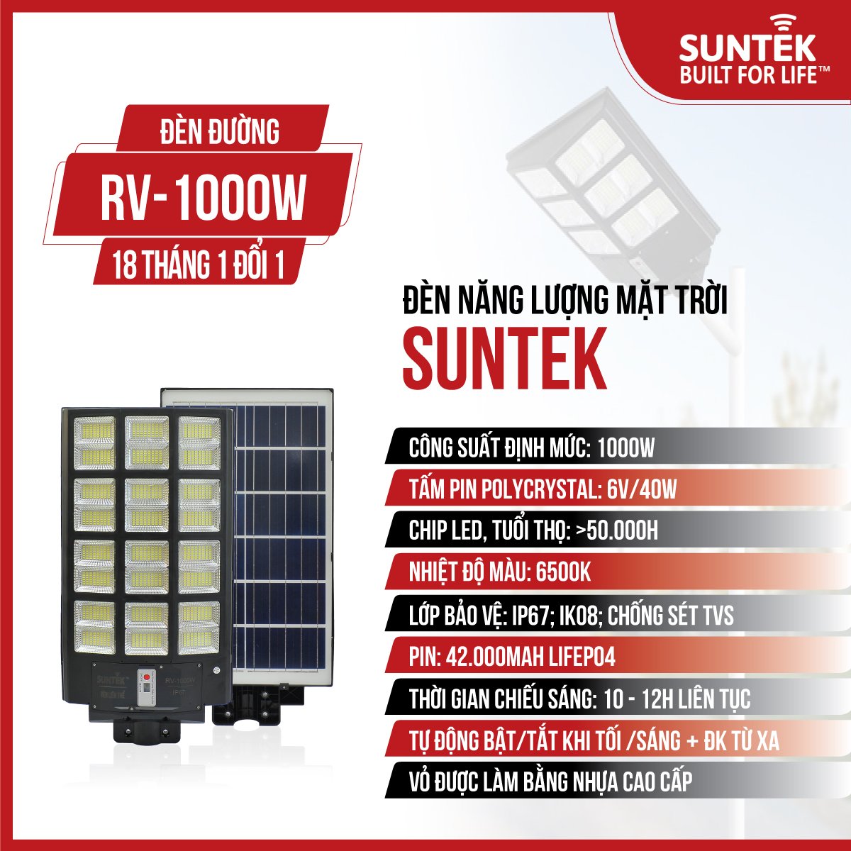 Đèn Đường Liền Thể Năng Lượng Mặt Trời SUNTEK RV-1000W - Sáng suốt đêm 10-12 giờ | Tự động Bật/Tắt | Điều khiển Từ Xa | Chống Nước/Bụi/Sét | Tuổi thọ bóng LED 50.000 giờ - Hàng Chính Hãng - Bảo hành 18 tháng 1 đổi 1