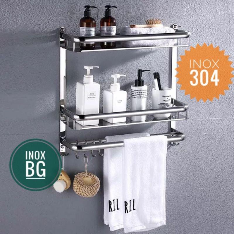 Kệ để đồ nhà tắm 3 tầng có móc treo và thanh treo khăn