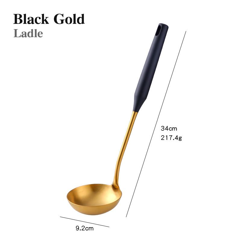 1 Máy Tính Màu Đen Vàng Dụng Cụ Nấu Ăn Tay Cầm Dài Vật Dụng Nhà Bếp Kim Loại Đế Có Rãnh Turner GÀU MÚC Thép Không Gỉ Phụ Kiện Nhà Bếp Tiện Dụng