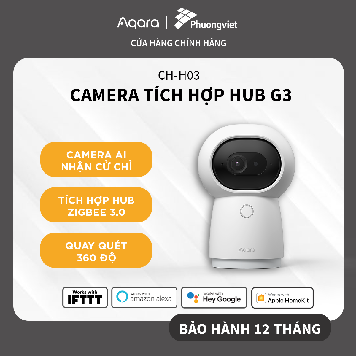 Camera thông minh Aqara G3 - Xoay 360 độ nét 2K, Nhận diện cử chỉ, Điều khiển hồng ngoại IR /Zigbee, Tương thích HomeKit