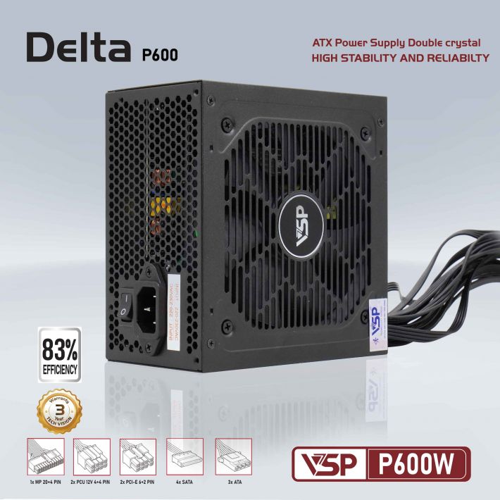 Nguồn máy tính VSP 600W Delta P600W ATX Công suất thực - Hàng chính hãng VSP phân phối