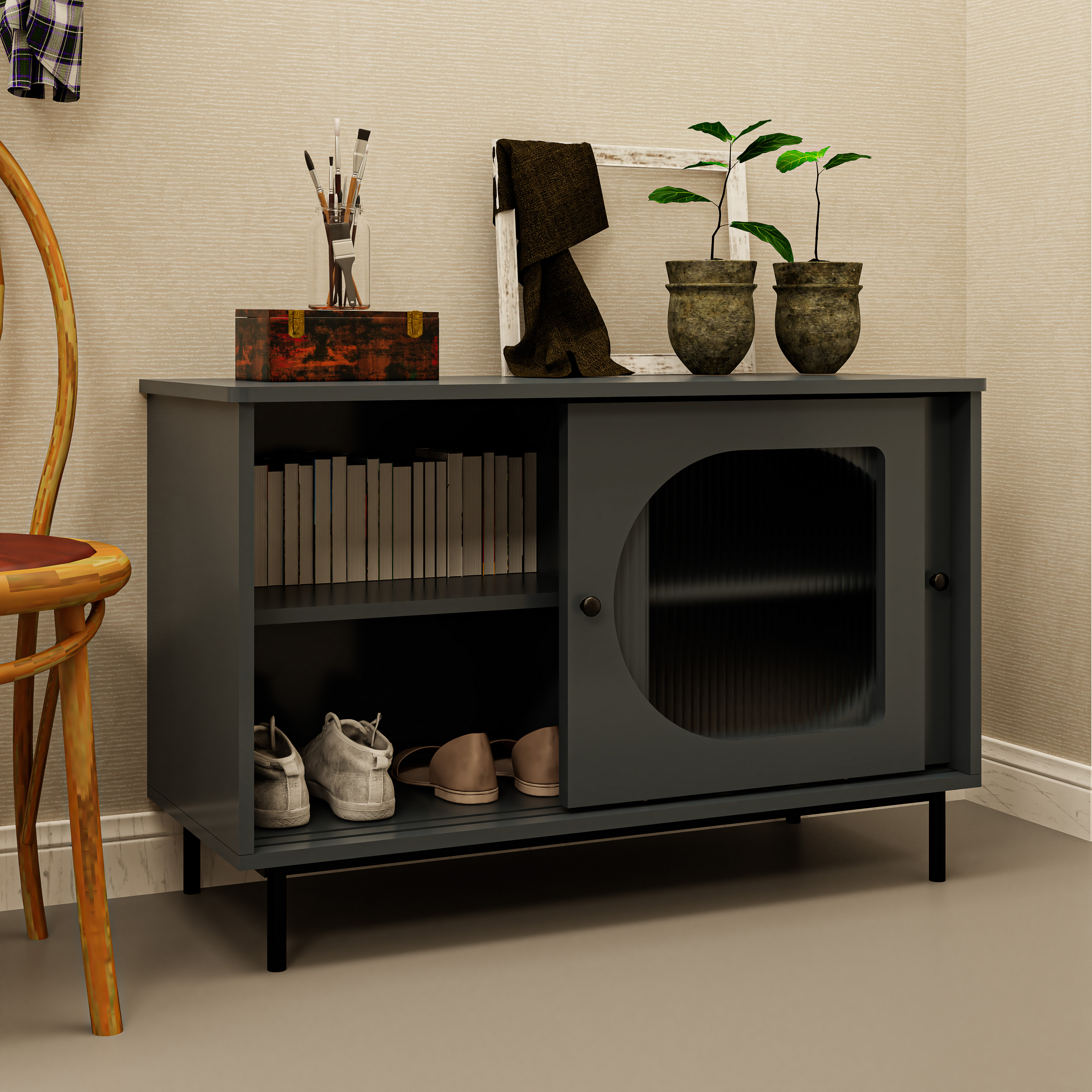 [Happy Home Furniture] SISEEL, Tủ lưu trữ cửa kính 2 cửa lùa - Chân sắt, 100cm x 40cm x 64cm ( DxRxC), TCL_038