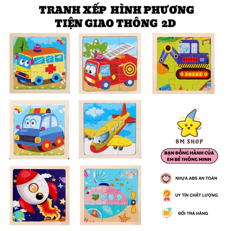 Tranh ghép hình, xếp hình gỗ 2D, 9 miếng, mẫu phương tiện giao thông chất liệu an toàn cho bé